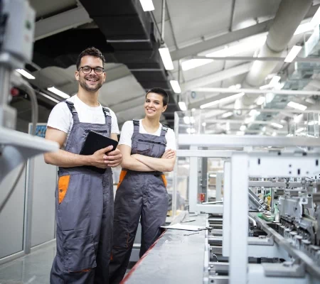 dwóch pracowników automatyzacji przemysłowej